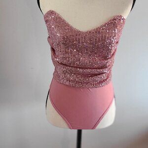 Fashion Nova Strapless Sequins Bodysuit - Pink